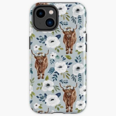 Highland Cow With Flowers Blue Iphone Case