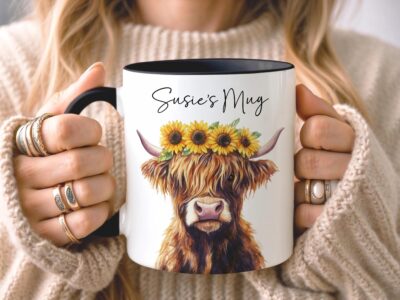 Highland Cow Sunflower Floral Custom Mug