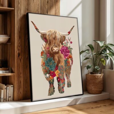 Highland Cow Floral Boho Wall Art