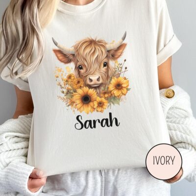 Highland Cow Sunflower Cowgirl Farm Western Custom T-shirt