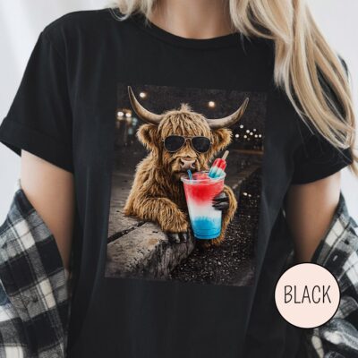 Highland Cow Patriotic Drinking Boho T-shirt