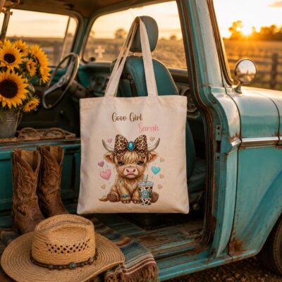 Highland Cow Girl Vintage Tote Bag