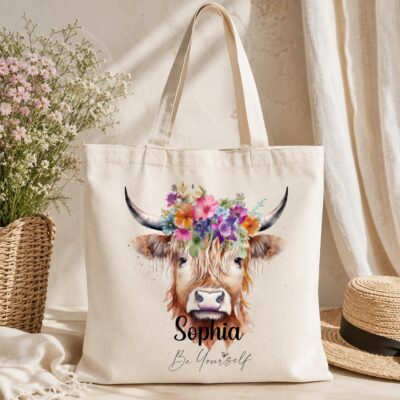 Highland Cow Flower Cute Custom Tote Bag