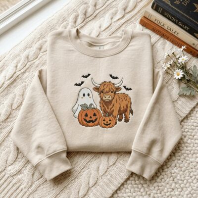 Highland Cow Ghost Spooky Autumn Embroidered Sweatshirt