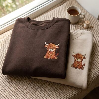 Highland Cow Cotton Blend Cozy Embroidered Sweatshirt