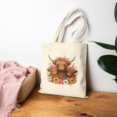 Highland Cow Family Floral Tote Bag