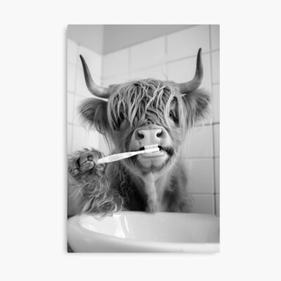 Highland Cow Brushing Teeth In Poster