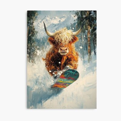 Highland Cow Snowboard Winter Sports Poster