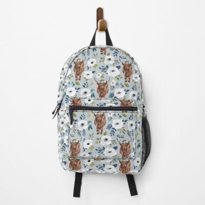 Highland Cow With Flowers Blue Design Backpack