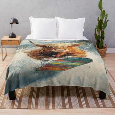 Highland Cow Snowboard Winter Sports Throw Blanket