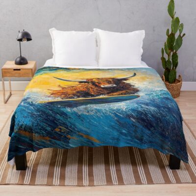 Highland Cow Surfing Design Art Throw Blanket