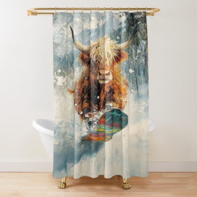 Highland Cow Snowboard Winter Sports Shower Curtain