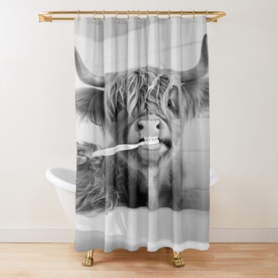 Highland Cow Brushing Teeth In Shower Curtain