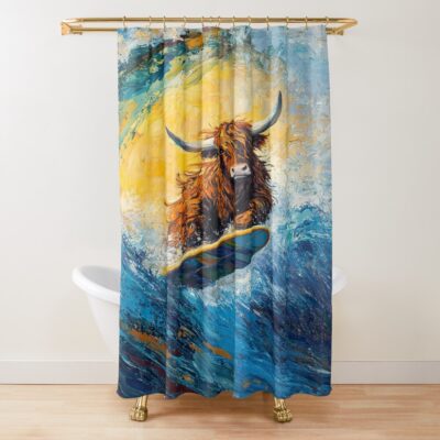 Highland Cow Surfing Design Art Shower Curtain