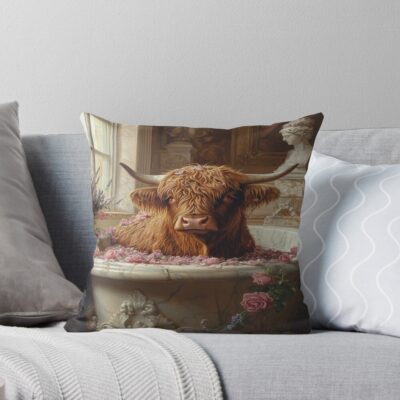Highland Cow In Bathtub Design Art Throw Pillow