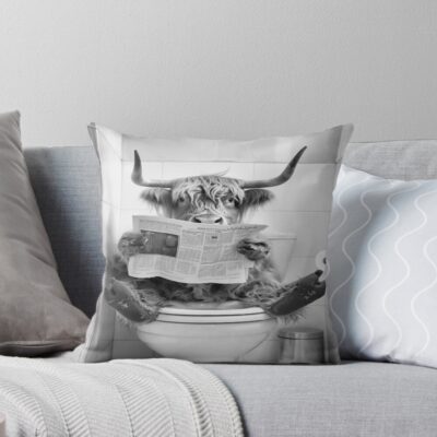 Highland Cow Sitting On Toilet Throw Pillow
