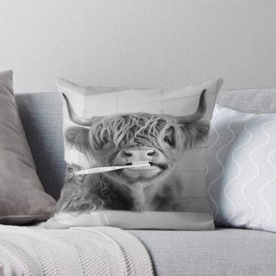 Highland Cow Brushing Teeth In Throw Pillow