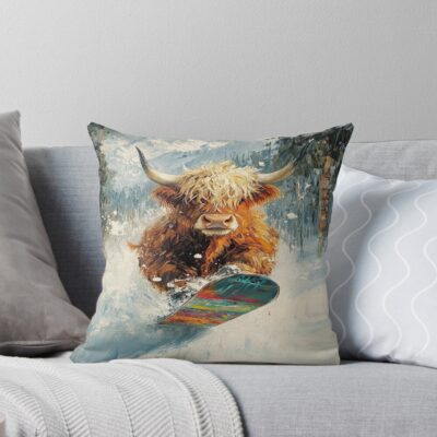Highland Cow Snowboard Winter Sports Throw Pillow